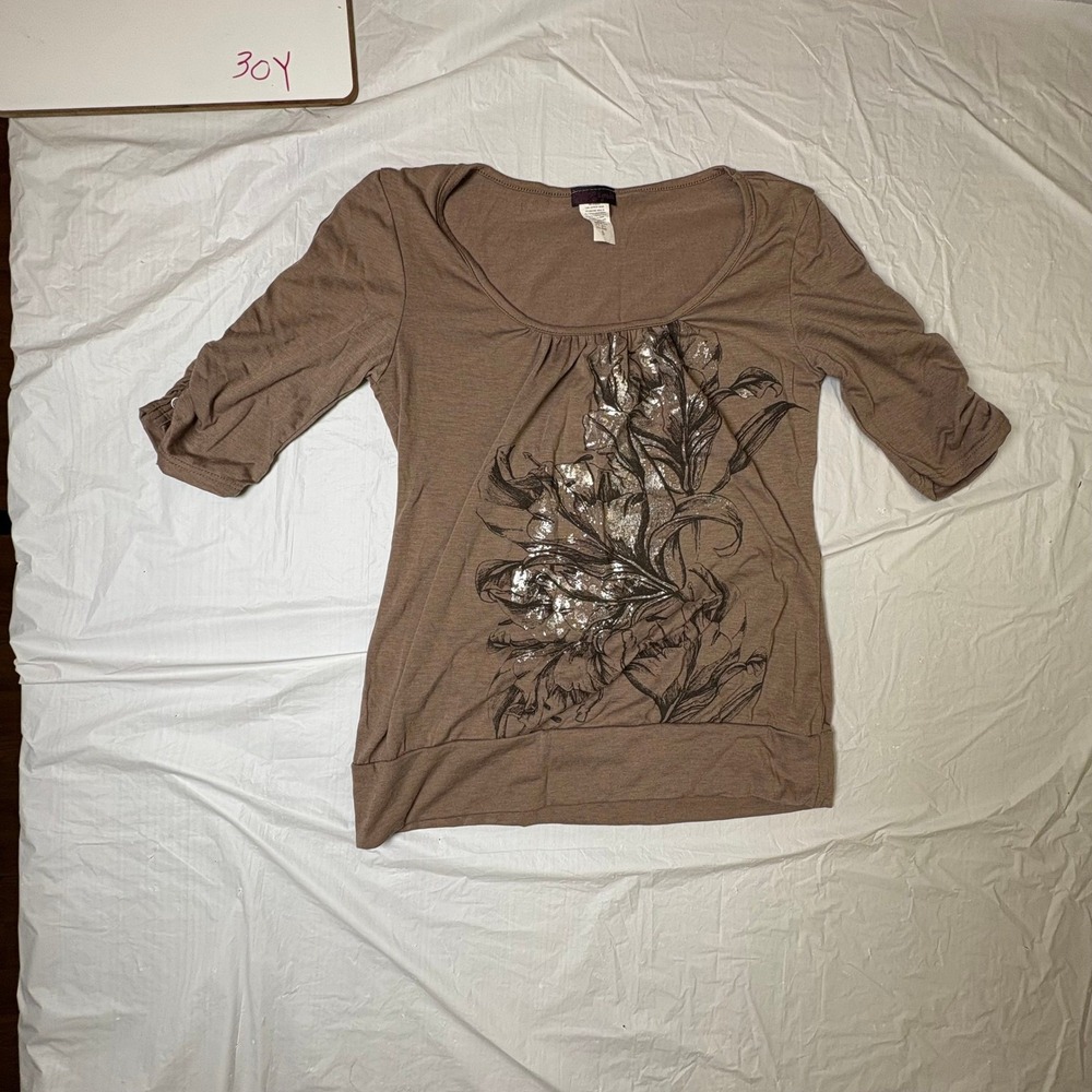 Agenda Women's Taupe Ruched Sleeve‎ Floral Sequin Top Size S Brown